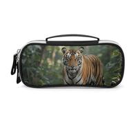 Tiger in The Jungle Pencil Case with Handle, Large Capacity PU Leather Pencil Bag Office Organizer, Portable Cosmetic Bag for Travel, Home