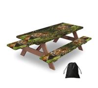 Tiger In The Jungle Print Waterproof Picnic Table Cover With Bench Cover Set Of 3 Elastic Edge Durable Outdoor Tablecloth