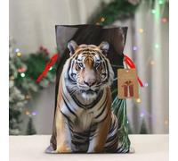Tiger in the zoo Christmas Gift Bag Drawstring Burlap Drawstring Bag with Tag and Tie, Medium Christmas Bags for Gifts, Reusable Bag for Holiday Party Favors