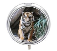 Tiger in The Zoo Pill Box Travel Pill Case for Purse Pocket Weekly Medicine Organizer with Mirror 3 Compartment Round Medicine Case Portable PillcaseHolder for Daily