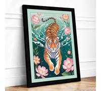 Tiger in Turquoise Waters Boho Framed Wall Art Print A1 Black