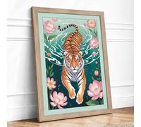 Tiger in Turquoise Waters Boho Framed Wall Art Print A1 Oak