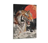Tiger in Waves Under Red Sun Wall Art, Dynamic Print, Powerful Poster, Epic Canvas Picture Artistic Wall Mural Modern Hanging Decor Poster24x36inch(60x90cm)