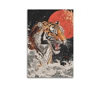 Tiger in Waves Under Red Sun Wall Art, Dynamic Print, Powerful Poster, Epic Canvas Picture Artistic Wall Mural Modern Hanging Decor Poster12x18inch(30x45cm)