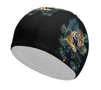 Tiger Is Playing Piano Swim Cap Classic Bathing Caps Soft High Elasticity Lightweight Swimming Hat for Men Women