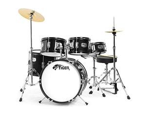 Tiger JDS14-BK Junior 5-Piece Drum Kit for Ages 3-10 - Black | with Snare, Toms, Bass Drum, Bass Drum Pedal, Hi-Hat, Crash Cymbals, Throne and Sticks
