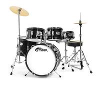 TIGER JDS14-BK 5-Piece Junior Drum Kit Set for Kids with Snare, Toms, Bass Drum, Bass Drum Pedal, Hi-Hat and Crash Cymbals, Throne and Sticks - Black