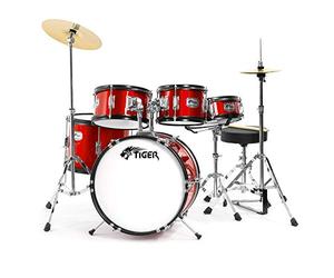 Tiger JDS14-RD 5-Piece Junior Drum Kit Set for Kids - Red | Includes Snare, Toms, Bass Drum, Bass Drum Pedal, Hi-Hat and Crash Cymbals, Throne and Sticks