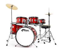 TIGER JDS14-RD 5-Piece Junior Drum Kit Set for Kids with Snare, Toms, Bass Drum, Bass Drum Pedal, Hi-Hat and Crash Cymbals, Throne and Sticks - Red