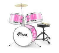 TIGER JDS7-PK Junior Kids Drum Kit 3-Piece Beginners Childrens Drum Set with Snare, Tom, Bass Drum, Bass Drum Pedal, Cymbal, Throne and Sticks Pink