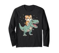 Tiger Kitten Riding T-Rex Dinosaur Graphic Long Sleeve T-Shirt
