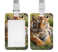 Tiger Laying on The Grass Badge Holder Vertical Id Card Holder with Lanyard Heavy Duty Name Tag Holders Waterproof Work Badge Holder for Office Cruise Teacher Cute Badge Protector