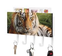 Tiger Laying on The Grass Key Holder Wall Mounted, PU Leather Key Hanger with 5 Hooks, Self Adhesive Keys Holder for Entryway, Kitchen, Bathroom Decor
