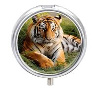 Tiger Laying on The Grass Pill Case Metal Round Portable Pill Box,Waterproof Travel Pills Organizer Vitamins Medicine Storage Box for Travel Or Daily