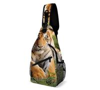 Tiger Laying on The Grass Sling Bag with Rfid Blocking Causal Mens Crossbody Bag Lightweight Chest Pack Large Man Purse Travel Crossbody Backpack Shoulder Sling Backpack for Hiking Running Cycling