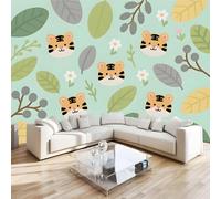 Tiger Leaves Mural Wallpaper 3D Effect Painting Cartoon Non-Woven Self-Adhesive Wallpaper Removable Large Photo Sticker TV Background Wall Decor for Living Room Bedroom 430x300 cm