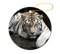 Tiger Lie On Rock Christmas Ornament Personalized Round Hanging Decor Fashion Ceramic Decoration Pendant Exquisite Christmas Decoration for Xmas New Year Festival Decor