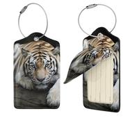 Tiger Lie On Rock Luggage Tags for Suitcases, 4 PCS PU Leather Suitcase Tags Identifiers with Stainless Steel Loop, Privacy Cover ID Label with Address Card, Travel Essentials Bag Tag