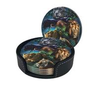 Tiger Lions And Leopard Print Coasters For Drinks With Holder Set Of 6, Pu Leather Coasters Drink Coasters Cup Pad Mats