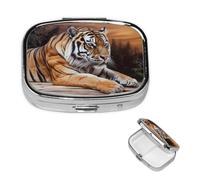 Tiger Lying on Wood Pill Box 2 Compartment Square Portable Pill Case for Pocket or Purse Pill Holder Weekly Pill Organizer Decorative Metal Medicine Vitamin Organizer Travel Gift