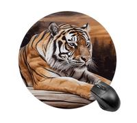 Tiger Lying on Wood Round Mouse Pad Cute Funny Computer Mousepad Premium Washable Desktop Protection Mouse Mat with Non-Slip Rubber Base for Home Office