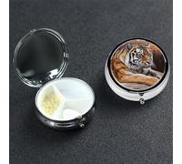 Tiger Lying On Wood Round Pill Box 3 Compartment Cute Travel Pill Organizer Case Portable Medicine Vitamin Organizer Metal Pill Case for Women Men Travel Unique Gift