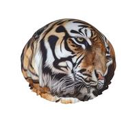 Tiger Lying on Wood Shower Cap Reusable Waterproof Shower Bonnet for Women Men Elastic Band Bath Hair Hat Double Layered Washable Bath Cap for All Hairstyles, Travel-Friendly