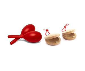 TIGER MAR49-RD Full Size Plastic Maracas - Red - One Pair & CAS14-NT Wooden Castanets - Finger Clackers Clappers - Two pairs (4 shells)