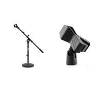 TIGER MCA42-BK | Desktop Boom Microphone Stand | Weighted Round Base | Black & MCA88-BK Universal Microphone Clip - Quality Spring Mic Clip - Black