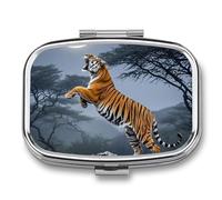 Tiger Moon Pill Box Elegant Metal Pill Case with 2 Compartments, Slim Portable Medicine Organizer for Purse, Pocket, Travel