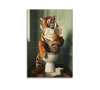 Tiger on Toilet Reading Newspaper Canvas Wall Art Humorous Animal Bathroom Artwork Hanging Paintings Poster Prints for Home Wall Decoration 08x12inch(20x30cm)