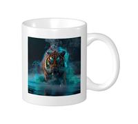 Tiger Pack Of 1 Printing Mug Fashion Cool Artistic River Lake Neutral Designs Modern Nature green orange Ceramic Light Weight Collection Living Room Outdoor Office Flat Bottom Cup 11 Ounce