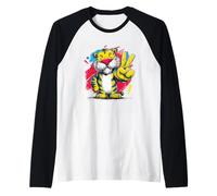 Tiger Peace Sign Retro Pop Character Graphic Art Gesture Raglan Baseball Tee
