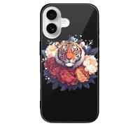 Tiger Peony Flowers Phone Case Glass Phone Cover Protective Shell Compatible with iPhone 16/Pro/Pro Max/Plus/E