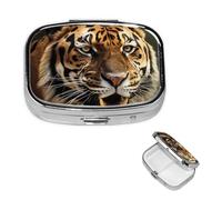 Tiger Pill Box 2 Compartment Square Portable Pill Case for Pocket or Purse Pill Holder Weekly Pill Organizer Decorative Metal Medicine Vitamin Organizer Travel Gift