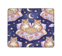 Tiger Pizza Party Illustration Fanciful Small Mouse Pad | Fanciful Tiger Pizza Theme, Starry Night Pattern, Cozy Floral Bedding, Compact Desk Accessory, Smooth Tracking Surface