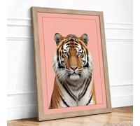 Tiger Portrait Framed Wall Art Print A4 Oak