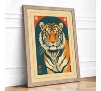 Tiger Portrait Japandi Framed Wall Art Print A4 Oak