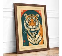 Tiger Portrait Japandi Framed Wall Art Print A4 Walnut