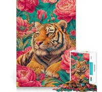 Tiger Portrait Surrounded by Pink Flowers 1000 Piece Jigsaw Puzzles for Adults Jigsaw Strong Logic Toy Group Play Clear Edge Perfect Present 38x52cm
