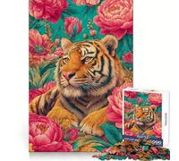 Tiger Portrait Surrounded by Pink Flowers 1000 Piece Jigsaw Puzzles for Adults Jigsaw Strong Logic Toy Group Play Clear Edge Perfect Present 38x52cm