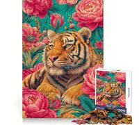 Tiger Portrait Surrounded by Pink Flowers Adults Puzzles 1000 Piece Jigsaws Reason Skill Toy Slow Enjoy Exact Cut Art Collection Piece 50x75cm