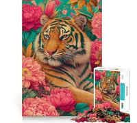 Tiger Portrait Surrounded by Pink Flowers Jigsaw Puzzles for Teenagers 1000 Piece Mind Skill Toy Simple Fun Design Assembly Memorable Gift 38x52cm