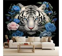 Tiger Purple Flowers Wallpaper Mural Animal Art Painting Photo Wallpaper Tiger Purple Flowers 3D Wall Mural 500x280cm Non-Woven Premium Art Print Decoration Poster Picture for Living Room