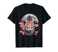 Tiger Ramen Sakura Flowers Pagoda Tower Tiger Noodle Art T-Shirt