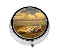 (Tiger) Round Pill Box with 3 Compartments Small Portable Pill Organizer for Travel