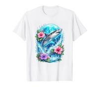 Tiger Shark Moon Tropical Hibiscus Ocean Floral Coastal Art Value Graphic T-Shirt, Men, White, L