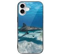 Tiger Shark Ocean Printed Phone Case Cute Slim Glass Cellphone Protective Cover Unisex Compatible with iPhone 16/16 Plus/16 Pro/16 Pro Max/16 E