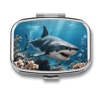 Tiger Shark Pill Box 2 Compartment Square Metal Pill Organizer Portable Mini Travel Medicine Case with Mirror Cute Medicine Container Holder for Pocket Purse