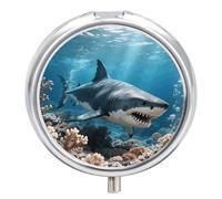 Tiger Shark Pill Box 3 Compartment Round Metal Pill Organizer Portable Mini Travel Medicine Case with Mirror Cute Medicine Container Holder for Pocket Purse